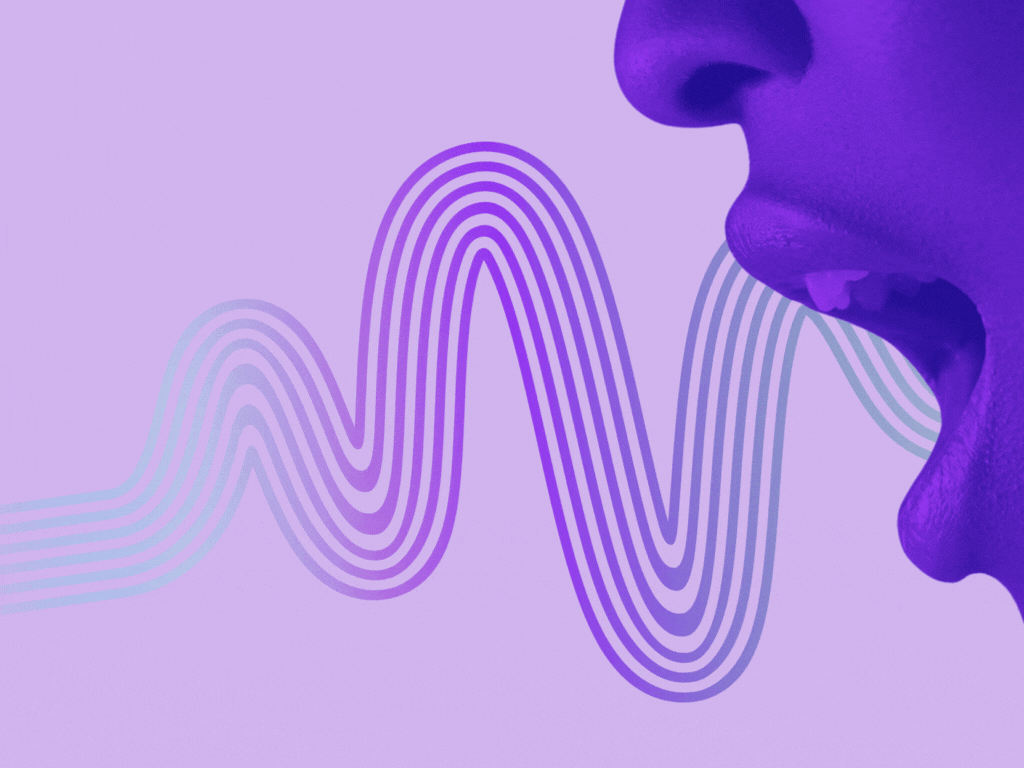 A imagem mostra uma boca estilizada emitindo ondas sonoras coloridas em tons de roxo e azul sobre um fundo lilás, simbolizando a produção ou propagação de som. Por que alguns artistas estão deixando o Spotify?