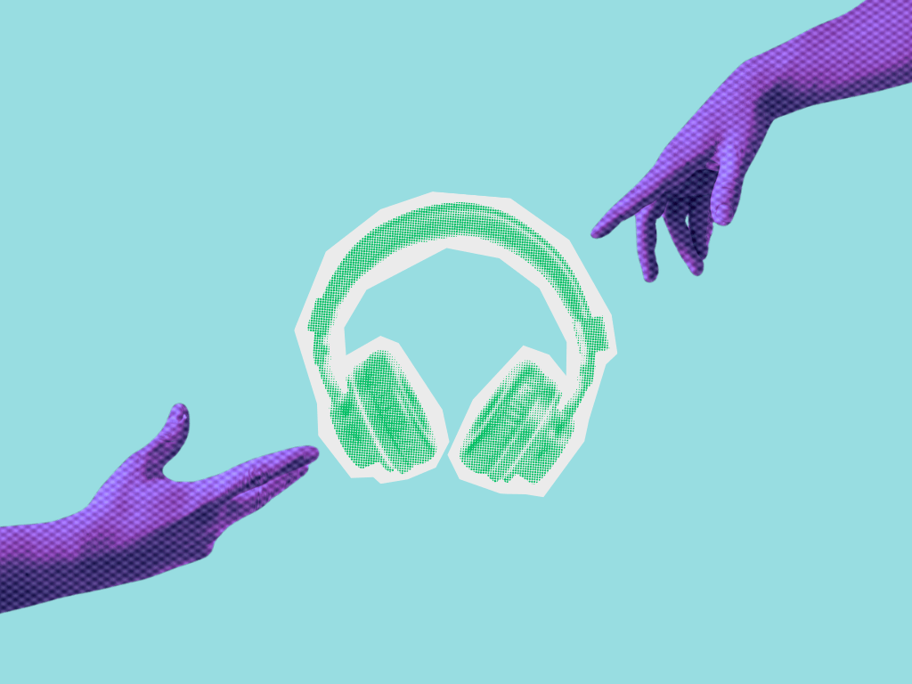 Duas mãos em tons de roxo, uma à esquerda e outra à direita, estendem-se em direção a um desenho estilizado de fones de ouvido verdes no centro. O fundo azul-claro cria um contraste que destaca o movimento de aproximação e conexão.